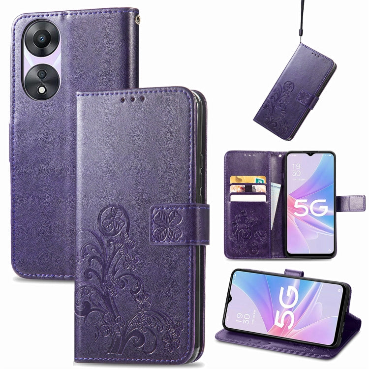 Embossed leather phone case with four-leaf clasp buckle, purple, card slots, flip cover