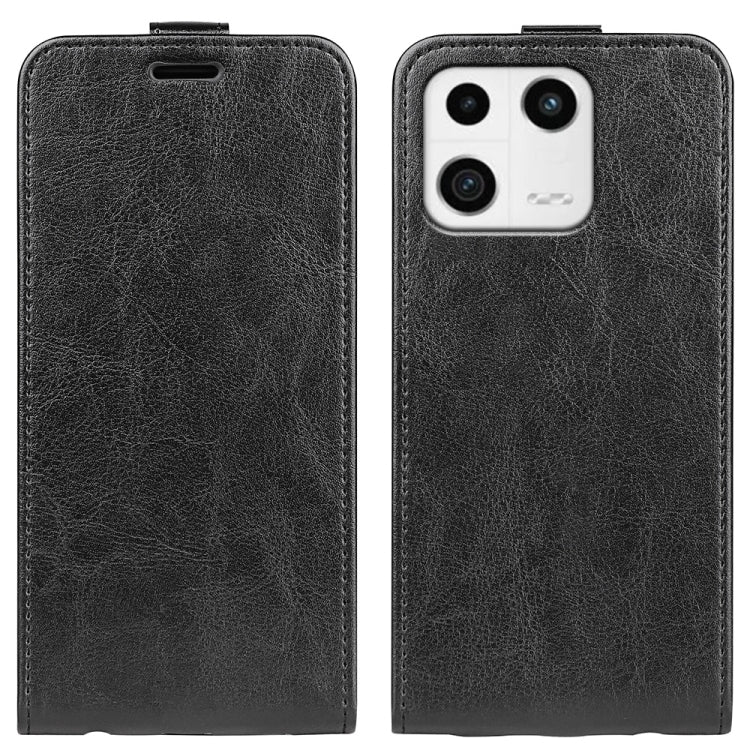 Black textured vertical flip leather phone case with cutout for speaker and camera