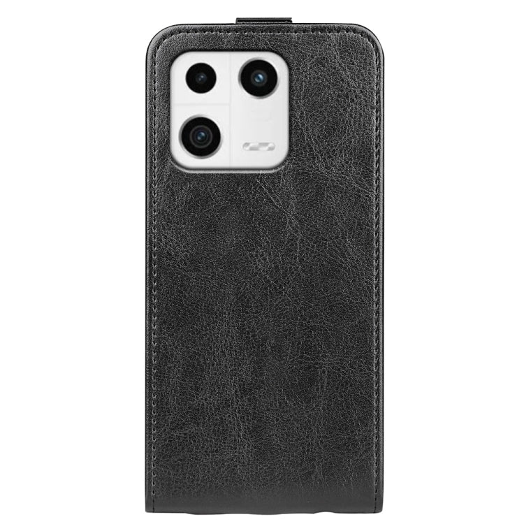Black textured leather vertical flip phone case with camera cutouts and raised edges