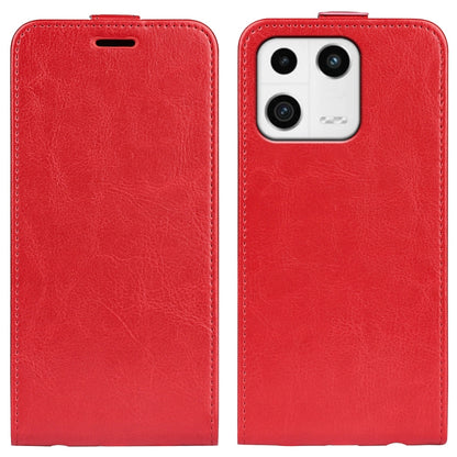 Red textured vertical flip leather phone case with hand slot and camera cutouts