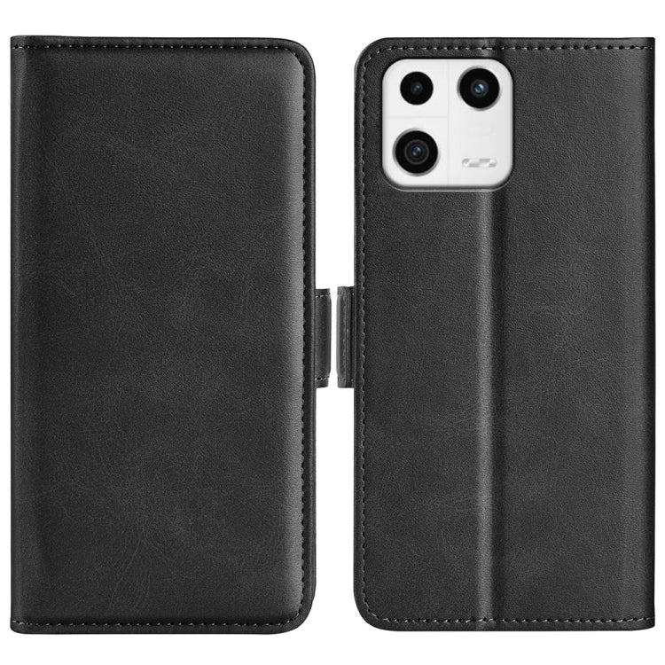 Black leather flip phone case with dual-side magnetic buckle for Xiaomi 13, cutouts for cameras.