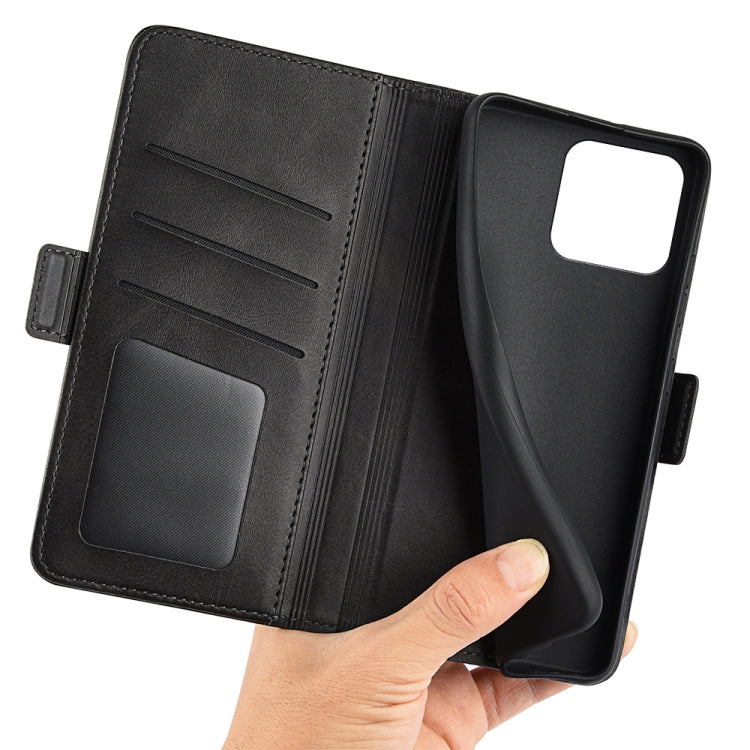 Black leather flip wallet case with card pockets and magnetic buckle, phone shown inserted for Xiaomi 13.