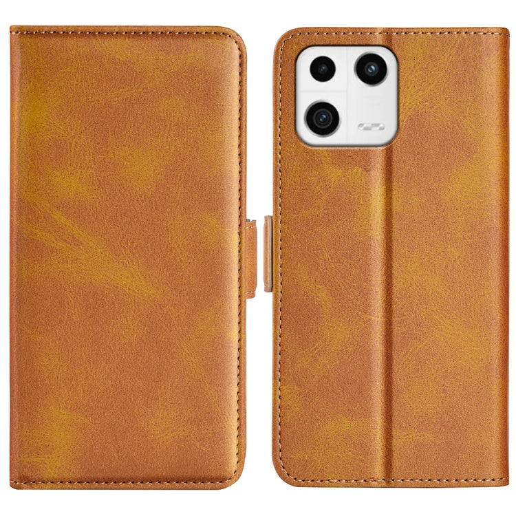Tan leather flip phone case with dual-side magnetic buckle for Xiaomi 13, camera cutout included.