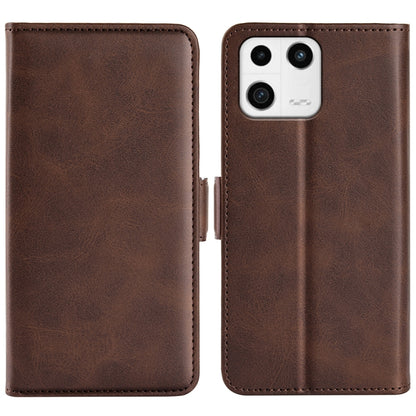 Brown leather flip phone case with dual-side magnetic buckle for Xiaomi 13, camera cutout included.