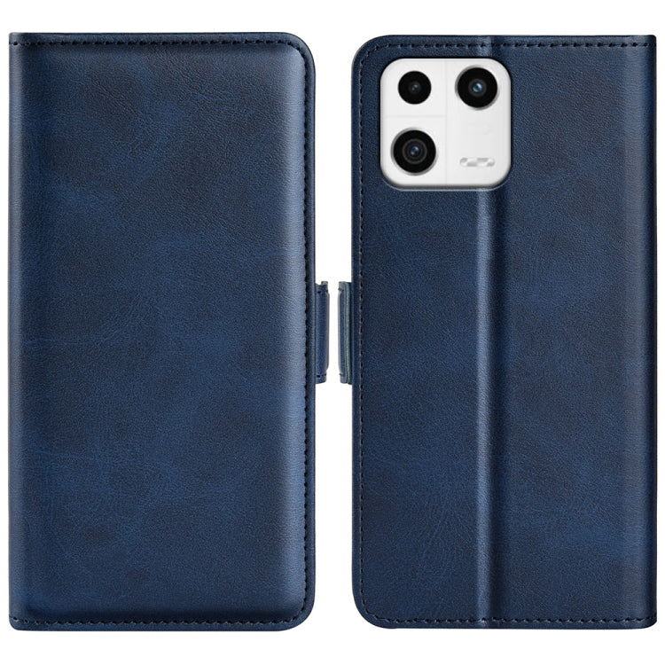 Dark blue leather flip phone case with dual-side magnetic buckle for Xiaomi 13, camera cutouts.