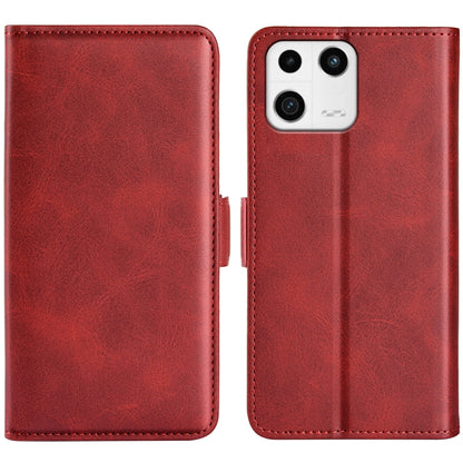 Red leather flip phone case with dual-side magnetic buckle for Xiaomi 13, camera cutouts.