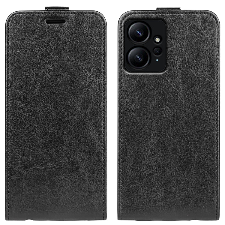 Black leather flip phone case with camera cutout and stitched edges.