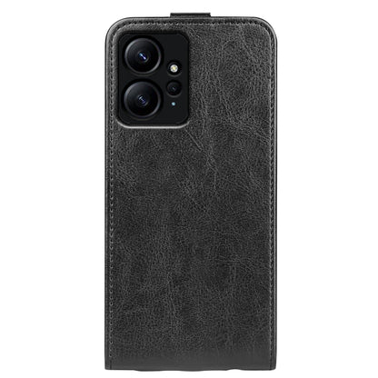 Black leather flip phone case showing camera cutout and textured finish.