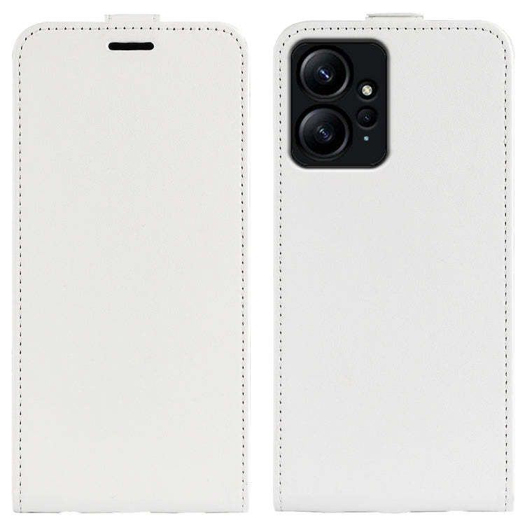 White leather flip phone case with camera cutout and stitched perimeter.