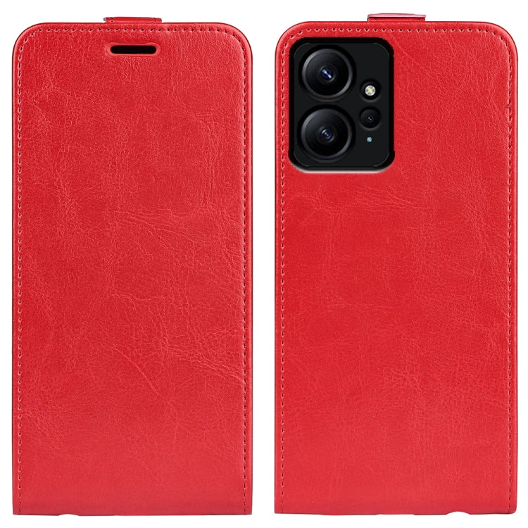 Red leather flip phone case with camera cutout and stitched edges.
