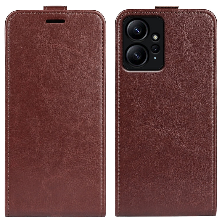 Brown leather flip phone case with camera cutout and stitched edges.