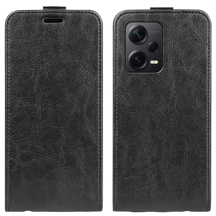 Black textured vertical flip leather phone case with camera and speaker cutouts
