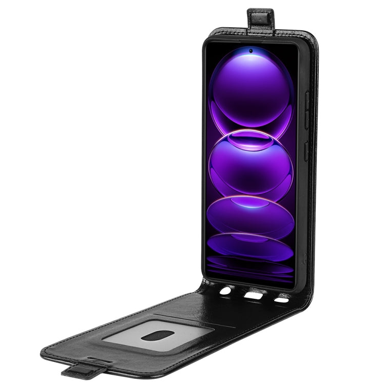 Black vertical flip leather phone case with front window and fold-out stand