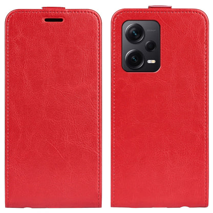 Red textured vertical flip leather phone case with camera cutout on back