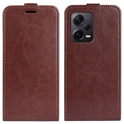 Brown textured vertical flip leather phone case with camera cutout on back