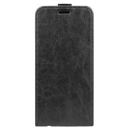 Black textured leather flip phone case with top cutout and vertical cover