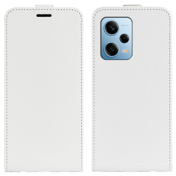 White textured leather flip phone case with camera cutout and stitched edges