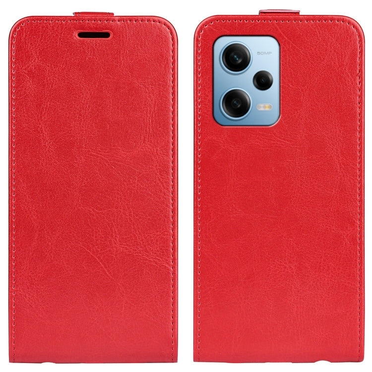 Red textured leather flip phone case with camera cutout and card slot