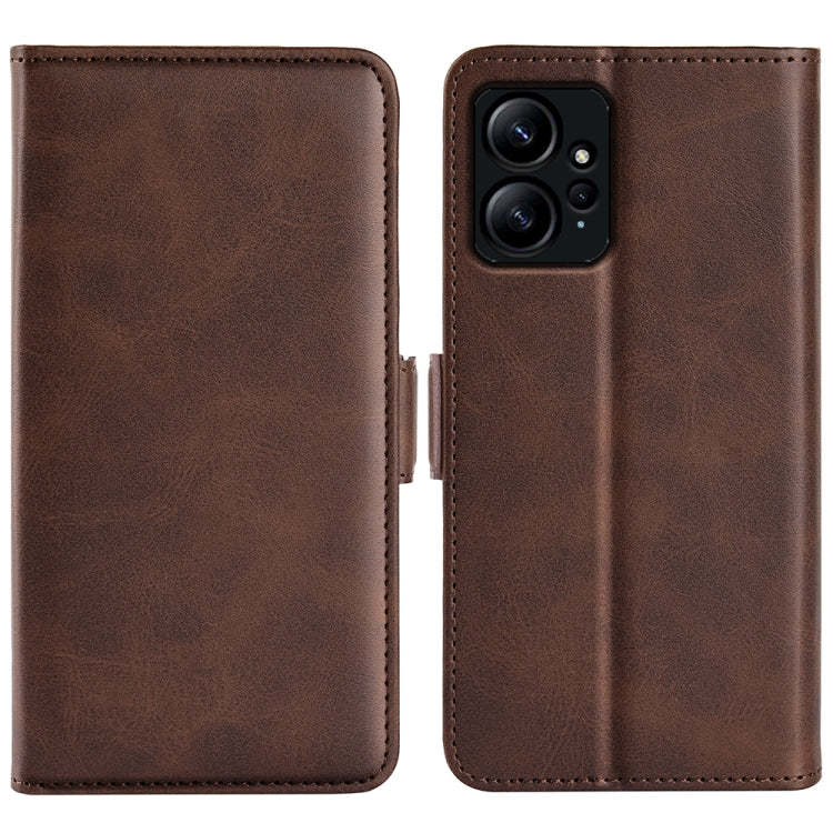 Dark brown leather flip phone case with magnetic buckle for Xiaomi Redmi Note 12 4G