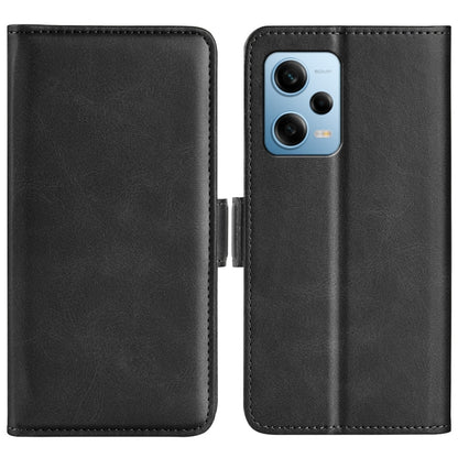 Black leather flip phone case with magnetic buckle, dual-side design and camera cutout.