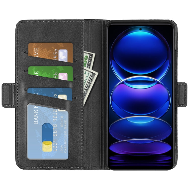 Black leather wallet flip phone case with card slots and kickstand, phone screen visible.