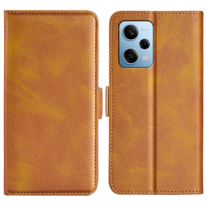 Tan leather flip phone case with magnetic buckle and camera cutout for phone.