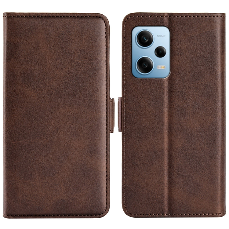 Brown leather flip phone case with magnetic buckle and camera cutout.