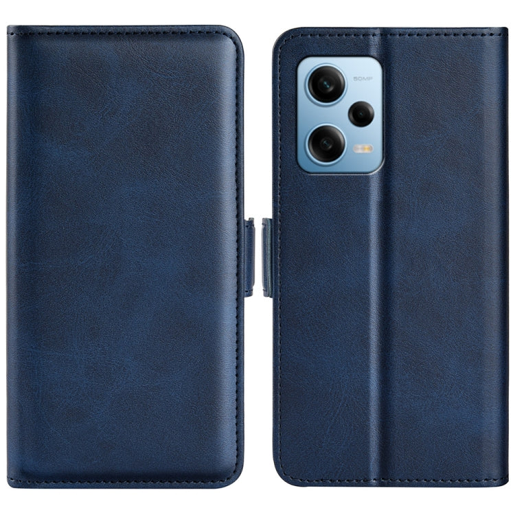 Dark blue leather flip phone case with magnetic buckle and camera cutout.