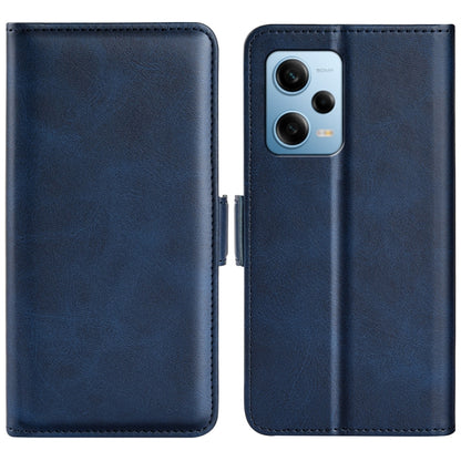 Dark blue leather flip phone case with magnetic buckle and camera cutout.