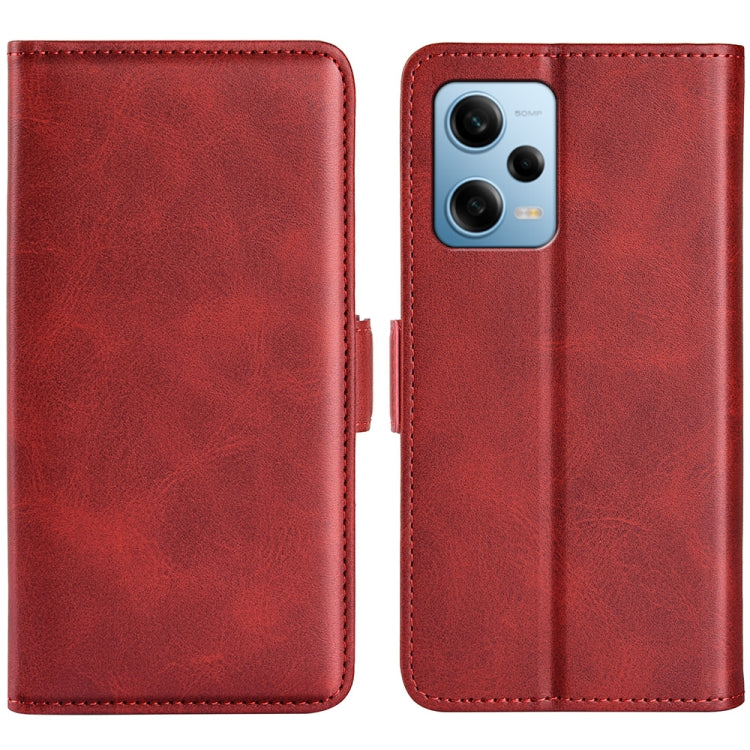 Red leather flip phone case with magnetic buckle and camera cutout.