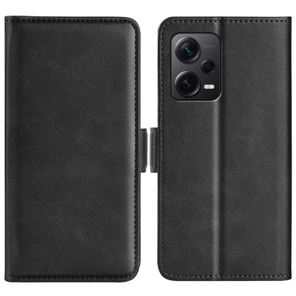 Black leather flip phone case with magnetic closure; front cutout for dual cameras.