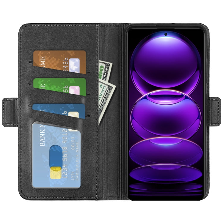 Black leather flip phone case with card slots and magnetic closure; phone front visible.
