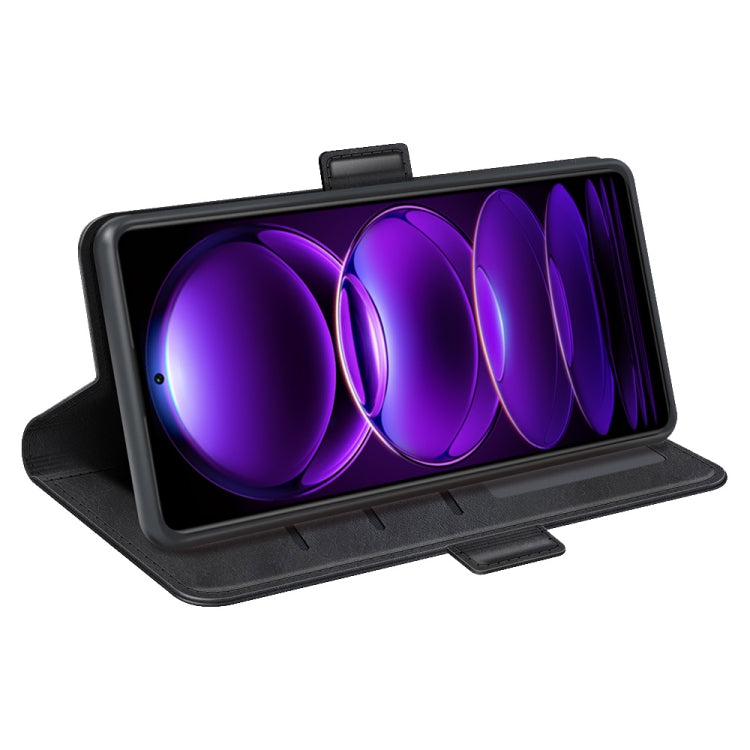 Black leather flip phone stand case with viewing flap; screen protected.