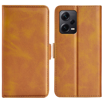 Tan leather flip phone case with magnetic closure; front cutout for dual cameras.