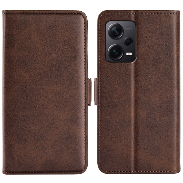 Dark brown leather flip phone case with magnetic closure; stitched front camera cutout.
