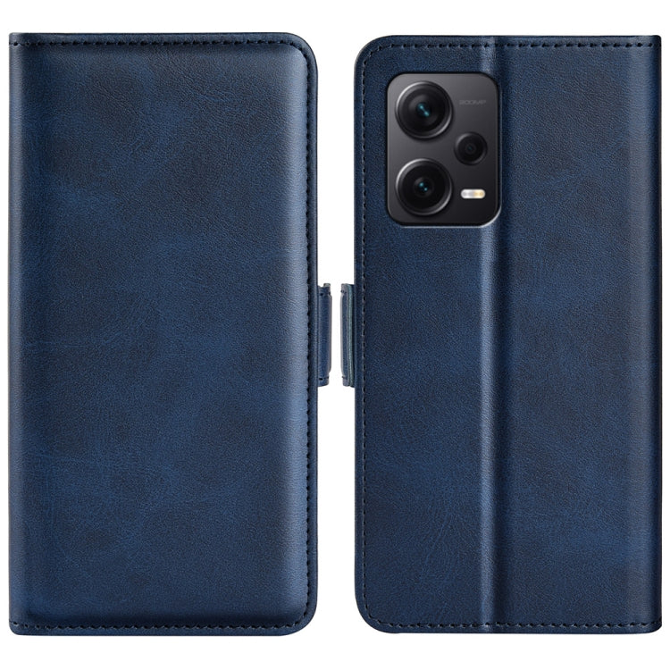 Dark blue leather flip phone case with magnetic closure; front cutout for dual cameras.