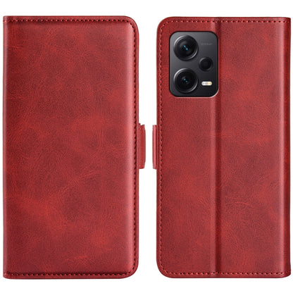 Red leather flip phone case with magnetic closure; front cutout for dual cameras.
