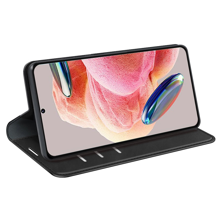 Black leather folio phone case in stand mode with open front cover