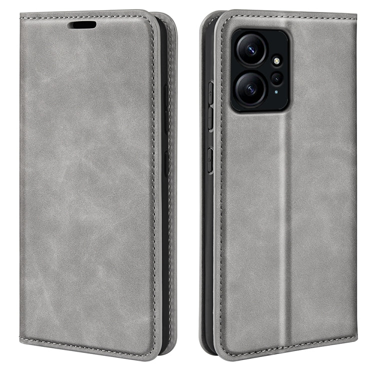 Grey leather flip phone case with stitched edges and camera cutout