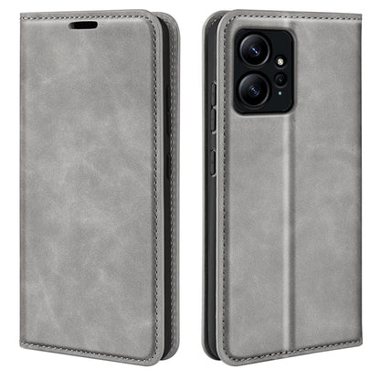 Grey leather flip phone case with stitched edges and camera cutout