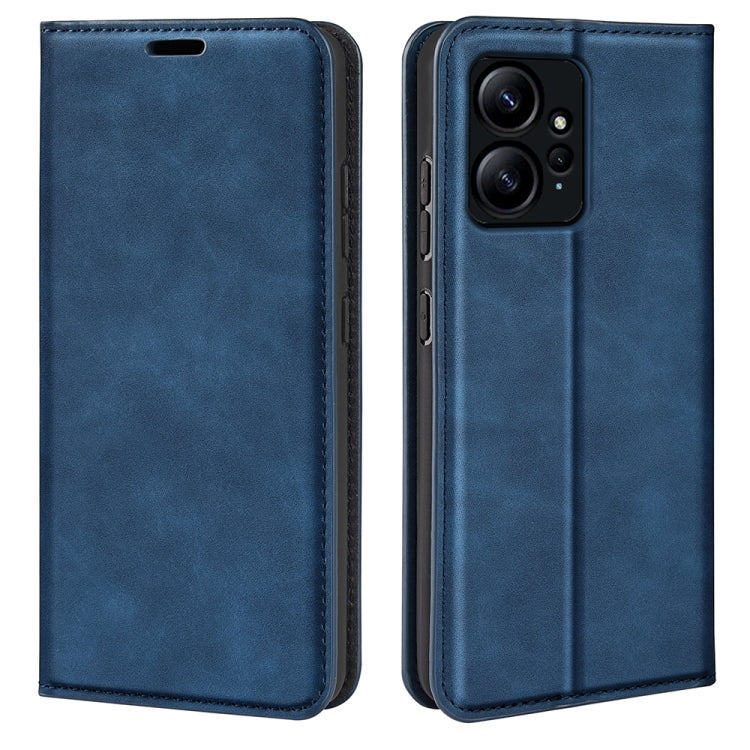 Dark blue leather flip phone case with stitched edges and camera cutout