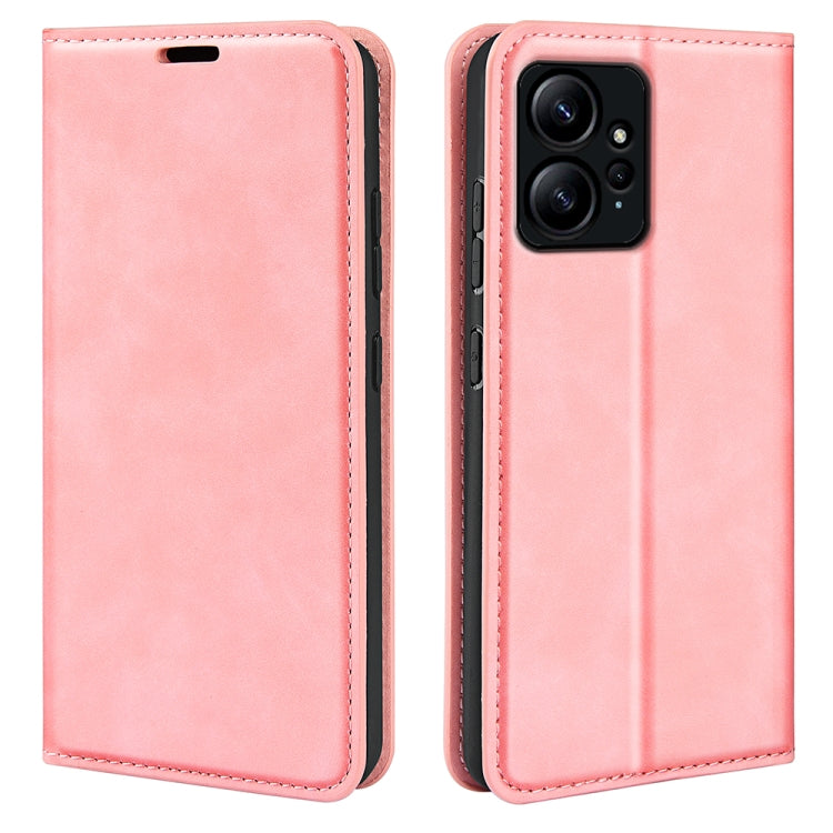 Pink leather flip phone case with stitched edges and camera cutout