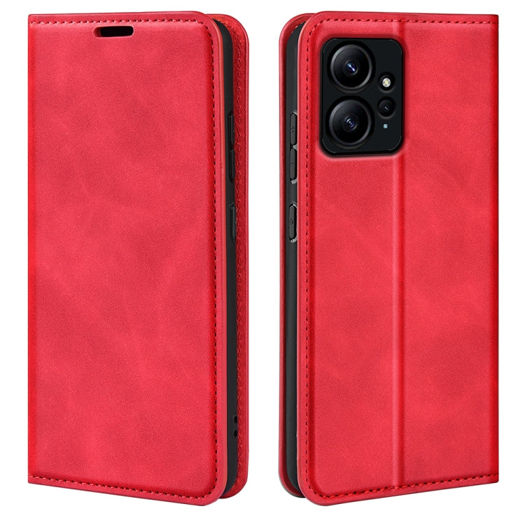Red leather flip phone case with stitched edges and camera cutout