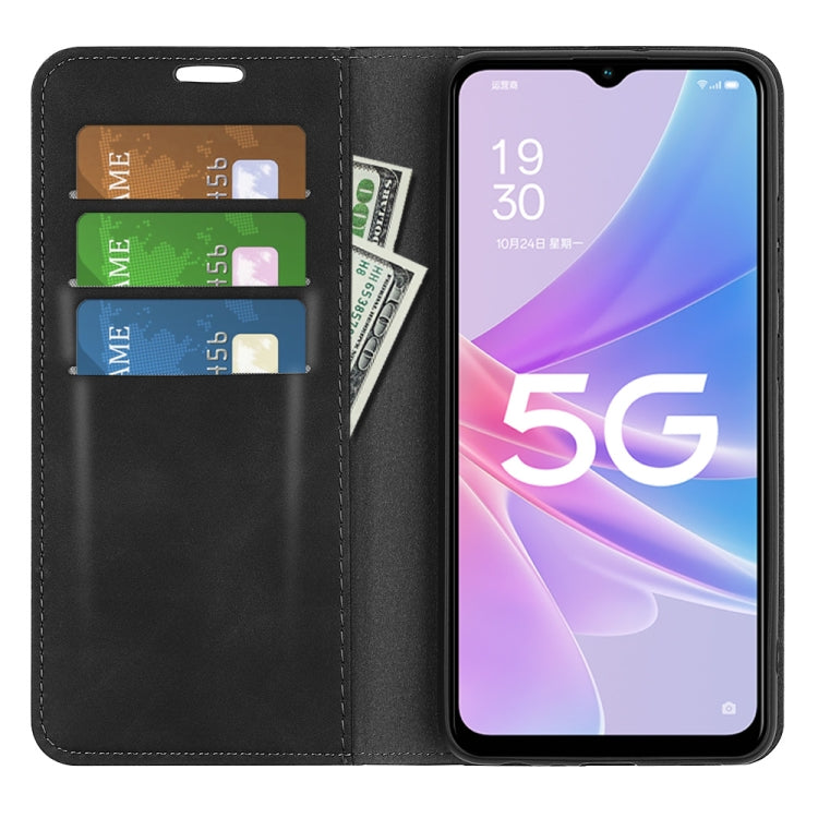 Black leather folio phone case with card slots and open view showing phone