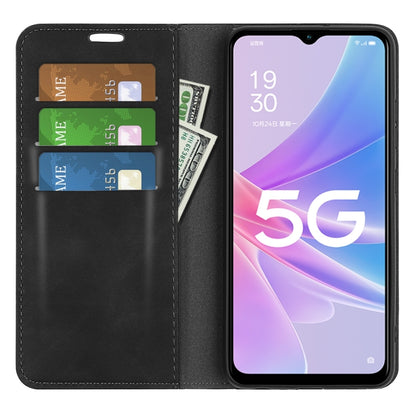 Black leather folio phone case with card slots and open view showing phone