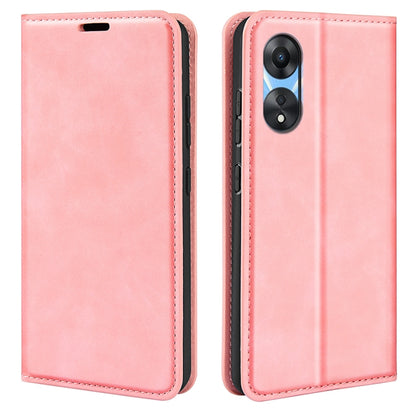 Pink leather folio phone case with stitched trim and camera cutout