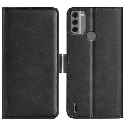 Black flip phone case with magnetic clasp, leather-look cover, and camera cutout.