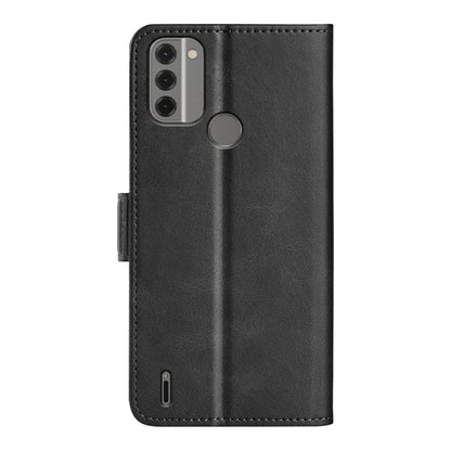 Black flip phone case with magnetic clasp, circular grip panel, and camera cutout.