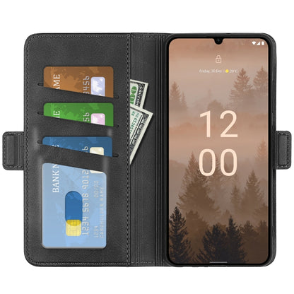 Black flip leather phone case with card slots, magnetic clasp, and screen cover.