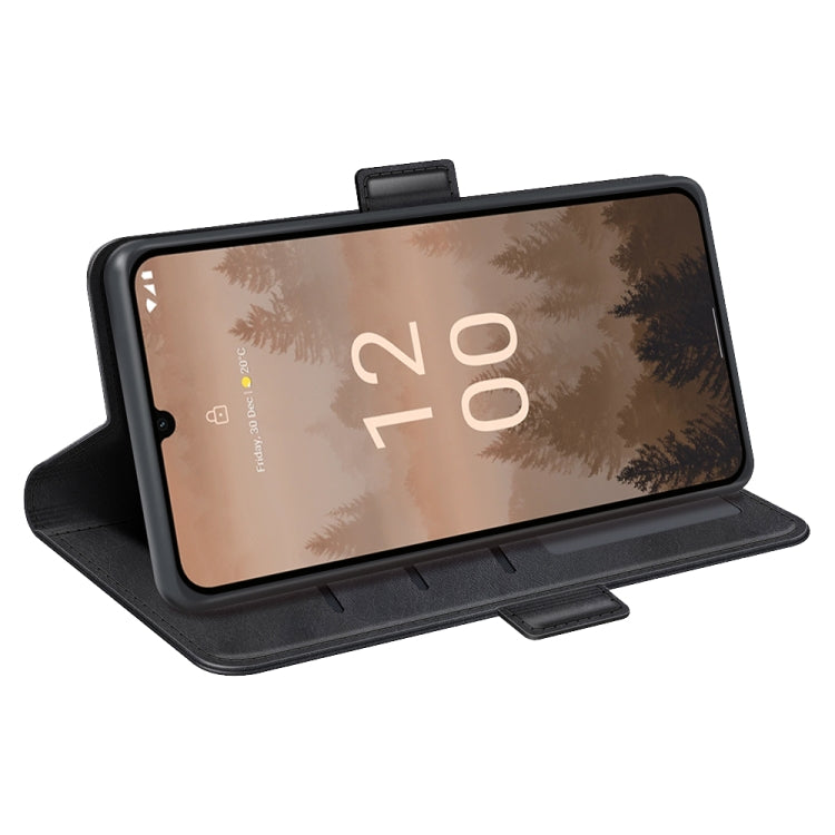Black flip phone case with magnetic clasp, folded stand for landscape viewing.